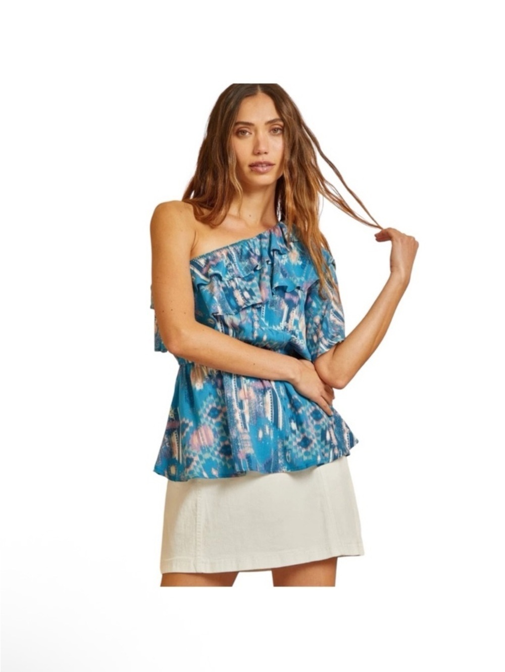 Teal Patterned One-Shoulder Ruffle Top